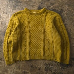 Vintage 70s Olive Green Cable Knit Wool Sweater Large Hand Dyed Distressed
